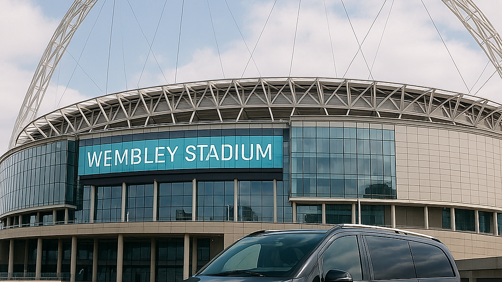 Eye-level view of an elegant car parked at Wembley Stadium