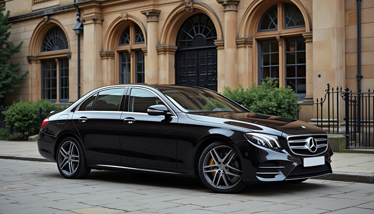 Eye-level view of a sleek black Mercedes E-Class parked outside a historic Chester building
