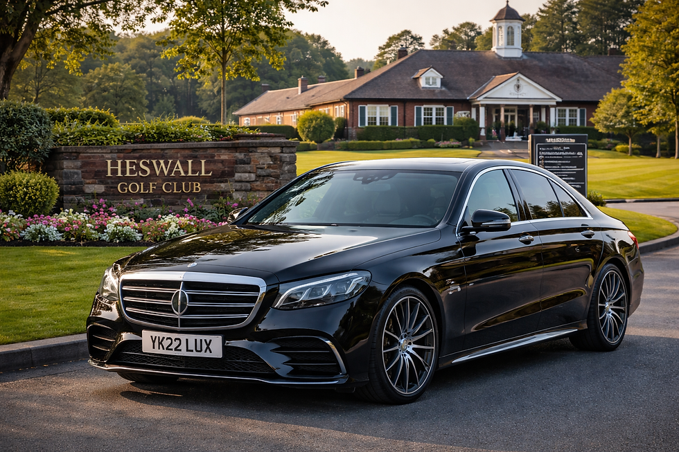 Eye-level view of a sleek black executive car parked near Heswall Golf Club entrance