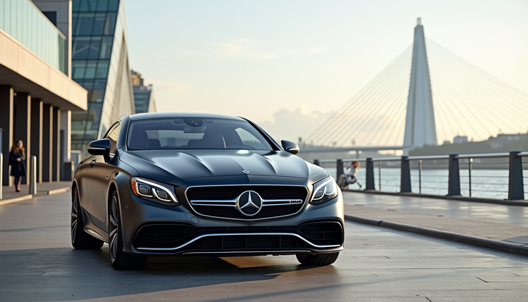Eye-level view of luxury Mercedes vehicle parked outside Liverpool waterfront