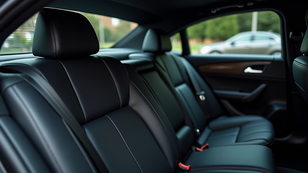 Close-up view of a luxury black executive car interior with leather seats