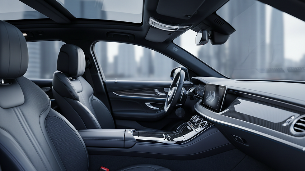 Close-up view of a luxury black wedding car interior with leather seats