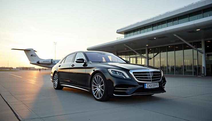 Eye-level view of a sleek black Mercedes S-Class parked outside a private jet terminal at Manchester Airport
