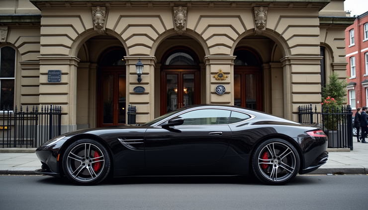 Eye-level view of a sleek black luxury car parked outside a historic Liverpool building