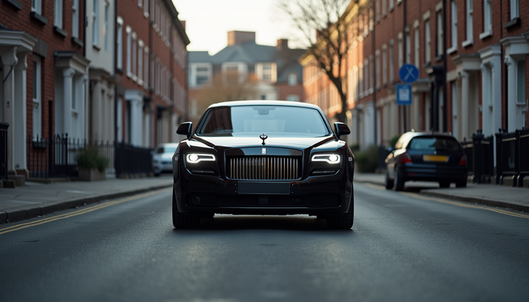 Eye-level view of a sleek black luxury car parked on a Liverpool street ready for a chauffeur service