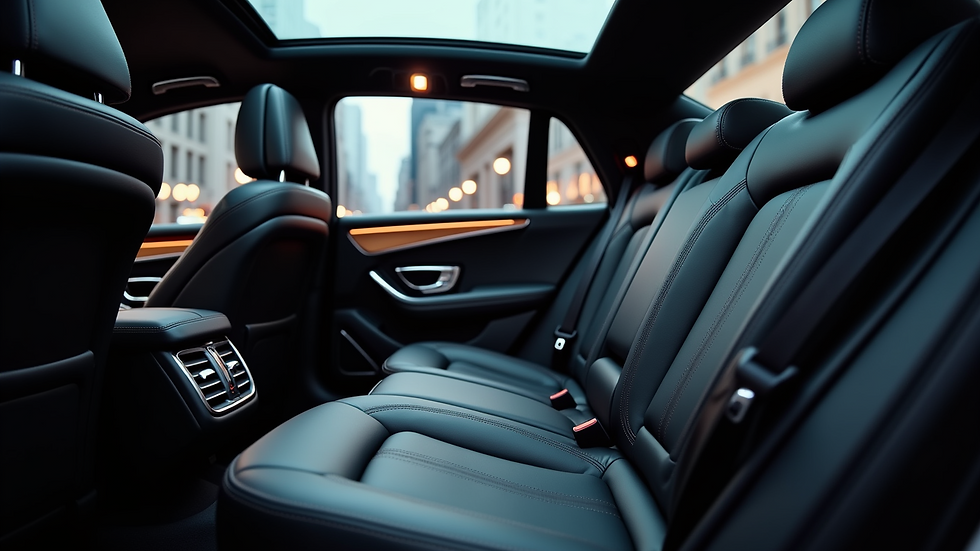 Close-up view of a luxury car interior with leather seats and ambient lighting