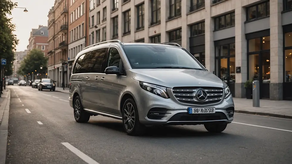 Eye-level view of a Mercedes V-Class parked in an urban setting