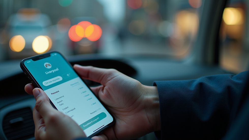 Close-up view of a smartphone screen showing a taxi booking app with Liverpool airport as the destination