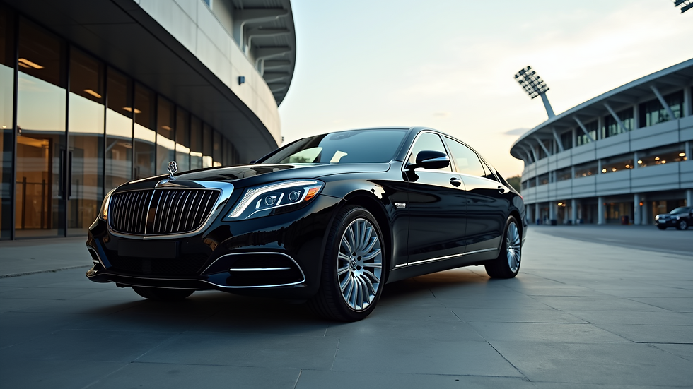 Eye-level view of a luxury black car parked outside a stadium