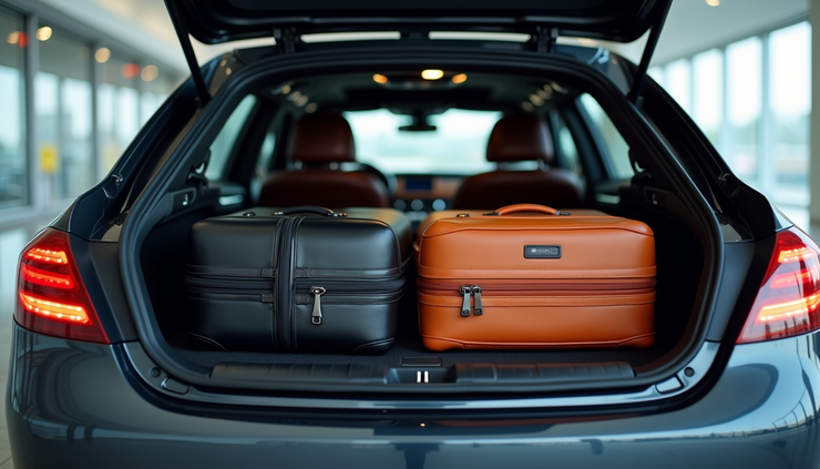 Eye-level view of a spacious luxury car trunk fully loaded with large suitcases at an airport drop-off point