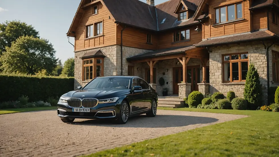 Wide angle view of a BMW 7 Series parked in front of a picturesque countryside home