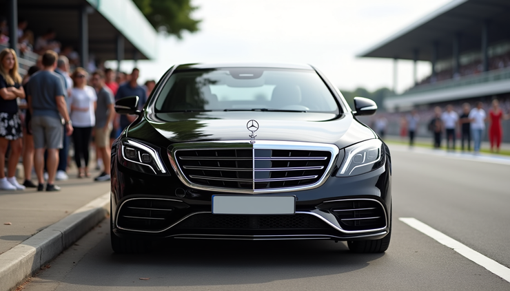 Eye-level view of a sleek black Mercedes S-Class parked outside Aintree Racecourse on race day