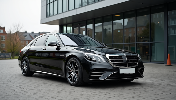 Eye-level view of a sleek black Mercedes S-Class parked outside a modern office building in Warrington