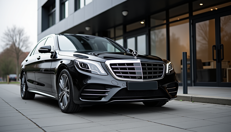 Eye-level view of a sleek black Mercedes E-Class parked outside a modern building in Burscough