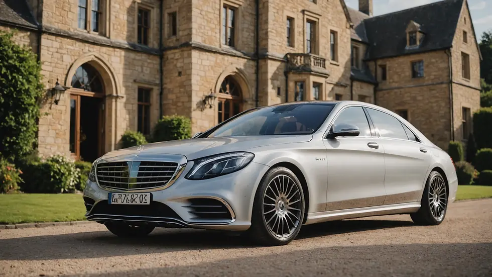 Close-up view of a luxurious S Class Mercedes parked alongside a scenic wedding venue