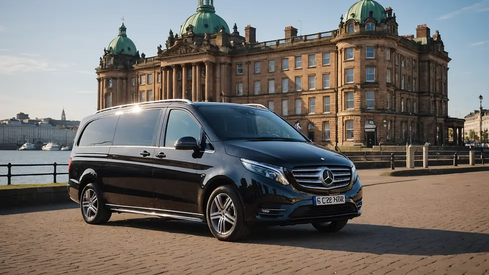 Close-up of a Mercedes V-Class parked beside a scenic Liverpool landmark