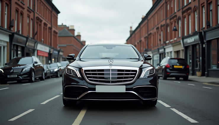Eye-level view of a sleek black Mercedes-Benz executive saloon parked on a Liverpool street
