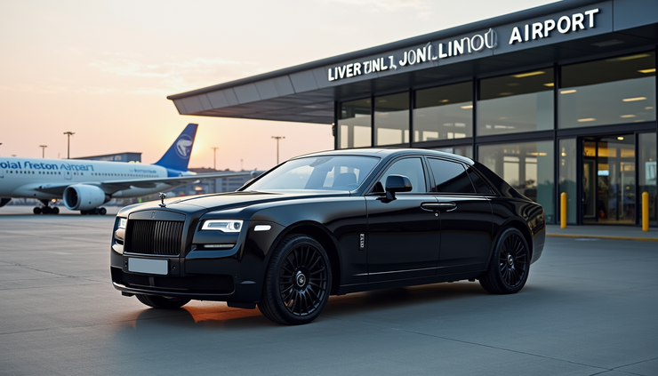 Eye-level view of a sleek black luxury car parked outside Liverpool John Lennon Airport terminal