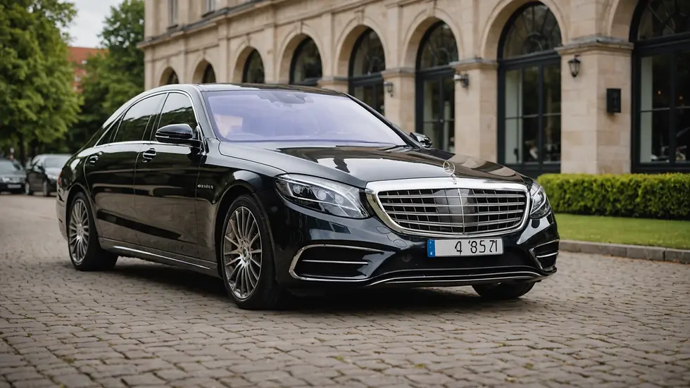 Close-up view of a luxurious Mercedes S-Class parked elegantly at a venue for a special occasion
