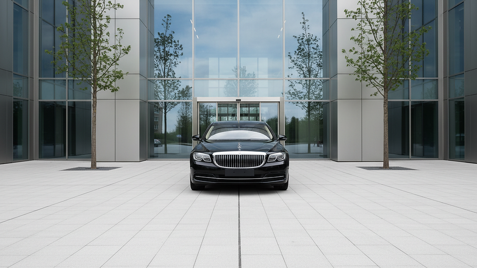 Eye-level view of a luxury black executive car parked outside a modern building