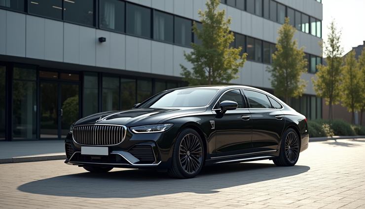 Eye-level view of a sleek black executive car parked outside a modern Trafford office building