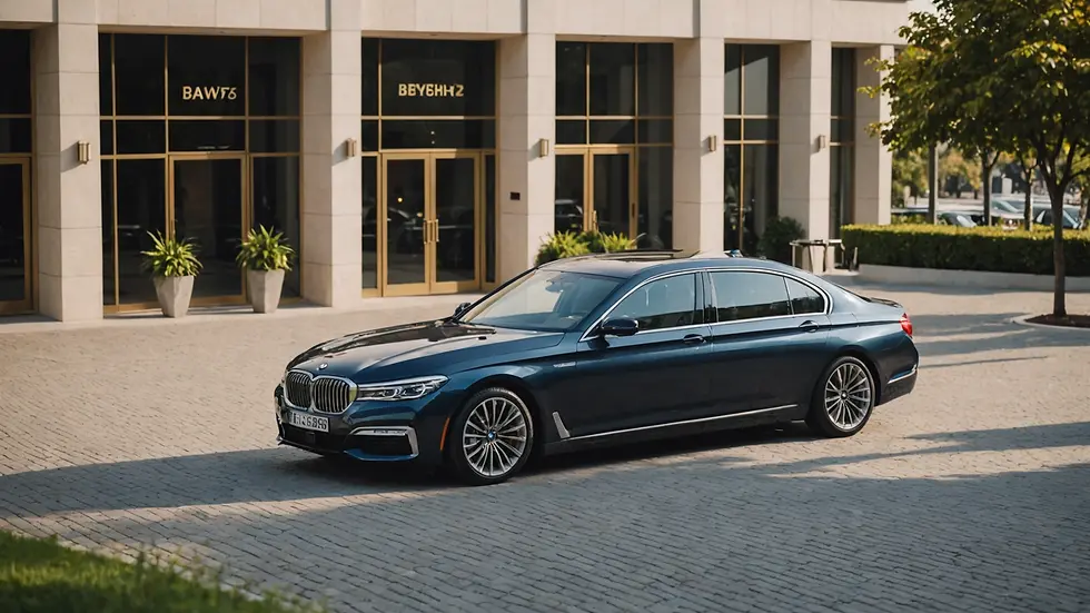 High-angle view of a BMW 7 Series parked in front of a luxury hotel