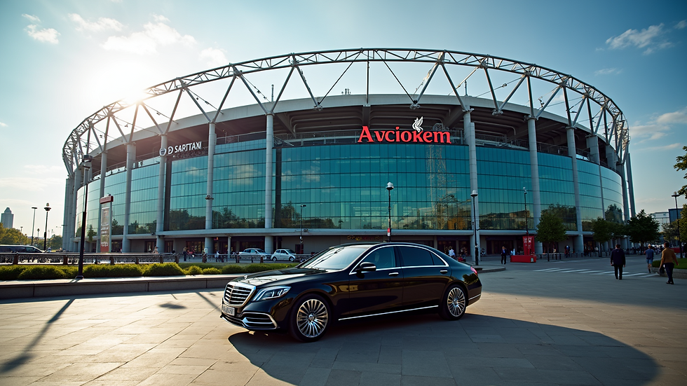 Wide angle view of Anfield Stadium exterior on a sunny day