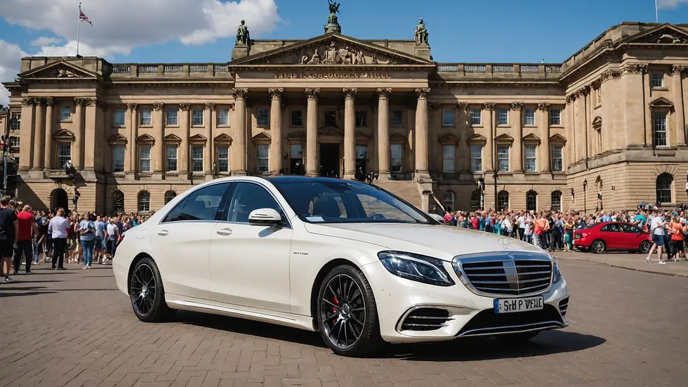 Wide angle view of a Mercedes S-Class parked in front of St George's Hall during Liverpool Pride