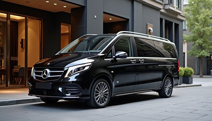 Eye-level view of a sleek black Mercedes V-Class parked outside a luxury hotel entrance