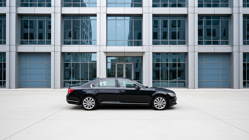 Eye-level view of a luxury black executive car parked outside a modern office building