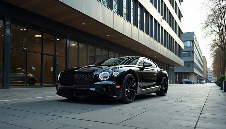 Eye-level view of a sleek black luxury car parked outside a Liverpool office building
