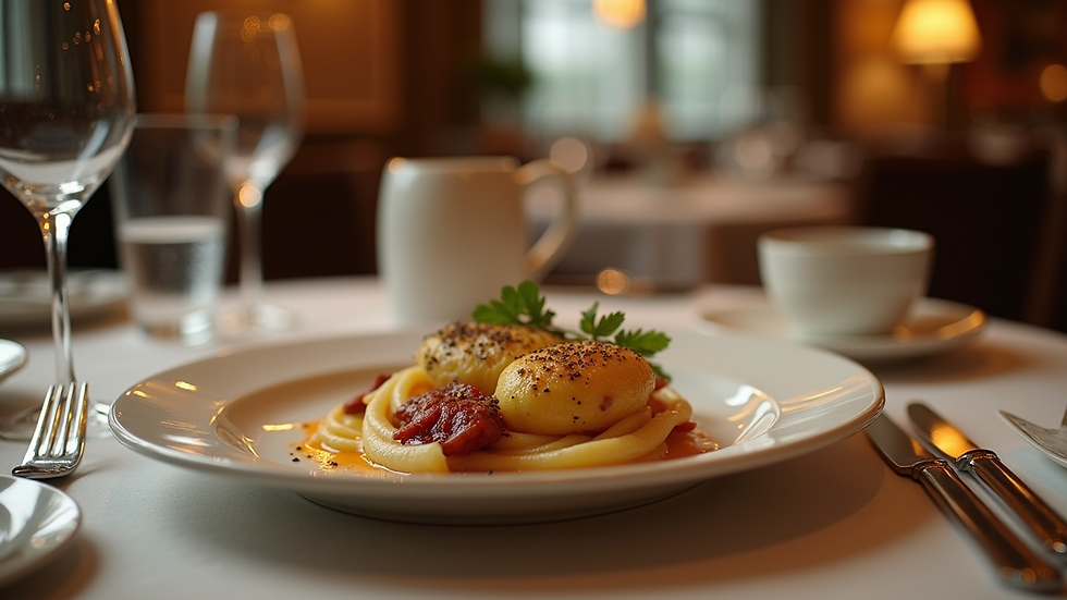 Close-up view of a gourmet dish served in an elegant restaurant