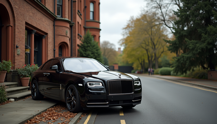 Eye-level view of a sleek black luxury car parked outside a historic Liverpool wedding venue