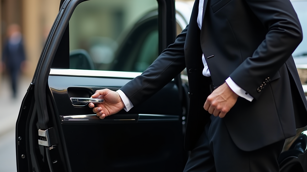 Close-up view of a chauffeur opening a car door