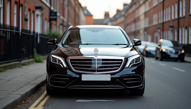 Eye-level view of a sleek black Mercedes-Benz S-Class parked on a quiet UK street