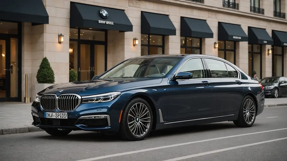 Eye-level view of the BMW 7 Series parked elegantly outside the hotel