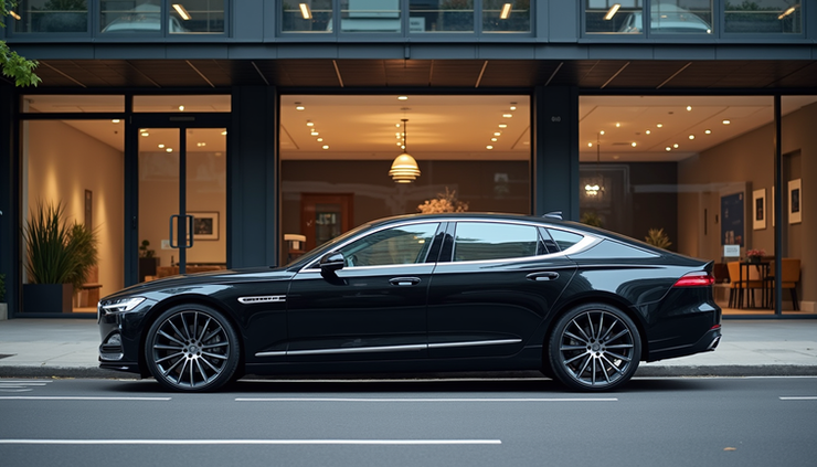 Eye-level view of a sleek black executive car parked outside a modern building in Altrincham