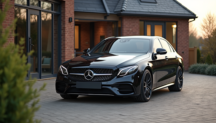 Eye-level view of a sleek black Mercedes-Benz parked outside a modern home in Macclesfield