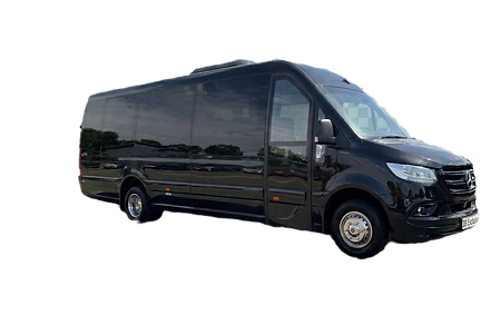 Black Mercedes-Benz Sprinter long-wheelbase executive minibus, side view on a transparent background, branded DB Executive Chauffeur Services, ideal for large group transport, corporate travel and airport transfers across Liverpool and the UK.