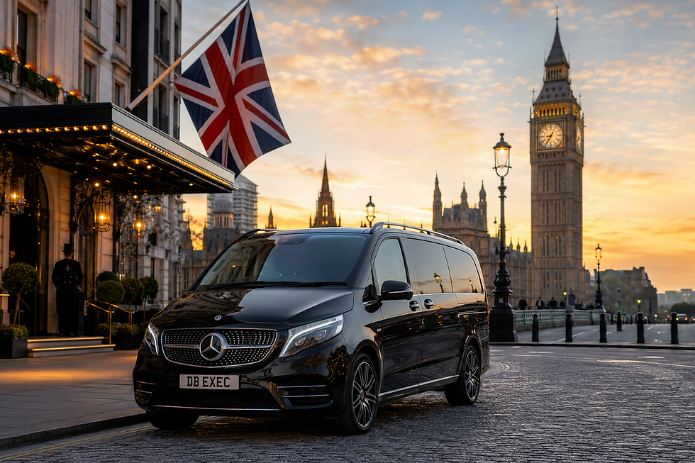 Black Mercedes-Benz V-Class chauffeur vehicle parked outside a luxury London hotel at sunset with Big Ben and Westminster in the background, representing executive chauffeur services in London by DB Executive Chauffeur Services.