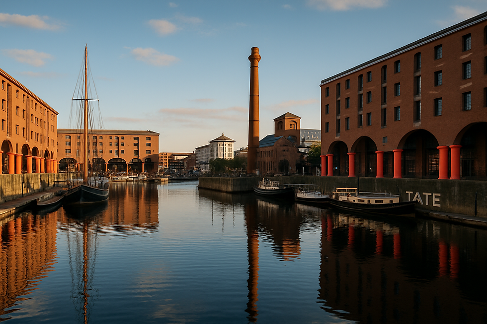 Wide angle view of the historic Royal Albert Dock in Liverpool