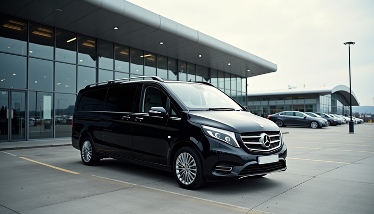 Eye-level view of a sleek black Mercedes V-Class parked outside a UK airport terminal