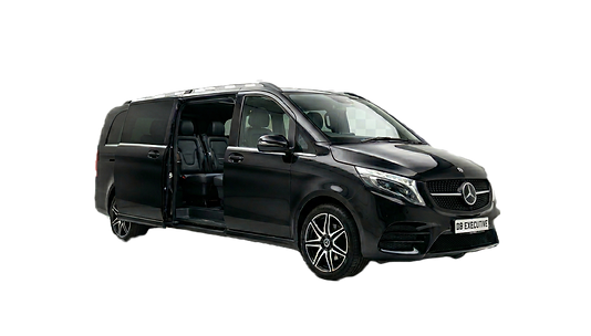 Black Mercedes-Benz V-Class executive chauffeur vehicle with sliding door open, showing luxury interior seating, branded DB Executive Chauffeur Services, ideal for group travel, airport transfers and VIP transport across Liverpool and the UK.