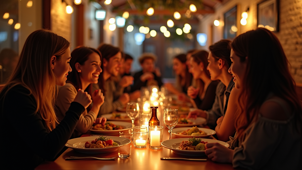 High angle view of a group of friends enjoying a meal before a concert