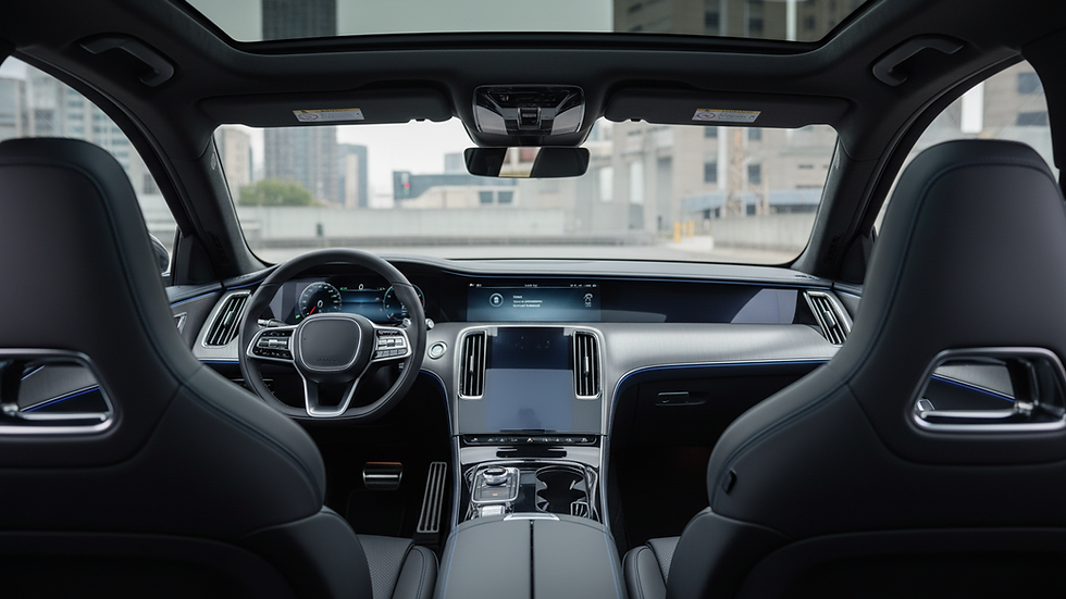 Close-up view of a luxury car interior with leather seats and a polished dashboard