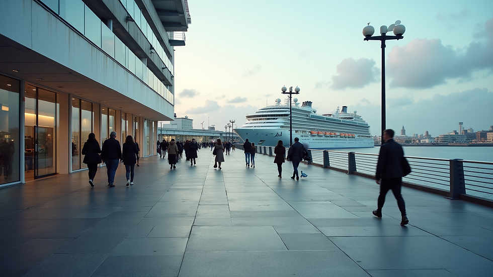 High angle view of Liverpool Cruise Terminal with passengers arriving