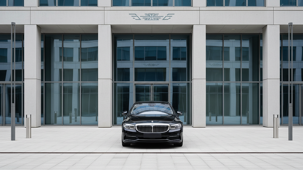 Eye-level view of a luxury black executive car parked outside a modern building