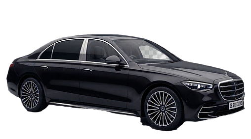 Black Mercedes-Benz S-Class luxury chauffeur car with DB Executive branding, side view on a transparent background, representing premium executive travel and corporate chauffeur services in Liverpool and across the UK.