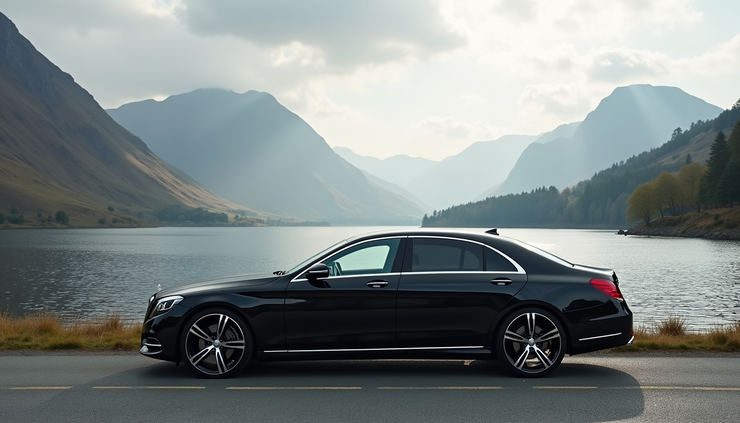 Eye-level view of a luxury chauffeur-driven car parked by a serene lake in the Lake District