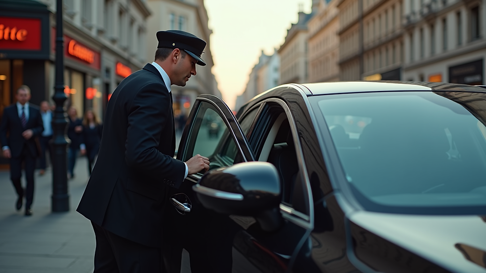 High angle view of a luxury chauffeur opening the car door for a passenger in Liverpool city centre